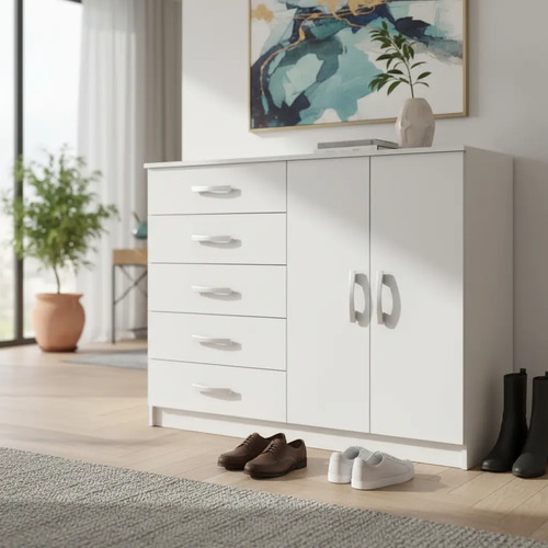 [03554008] Comoda Zapatera 5 Cajones + 2 Puertas Blanco
