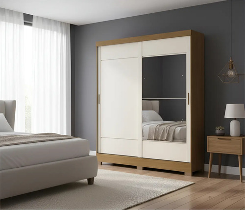 [03075001] Ropero 2 Puertas Corredizas Con Espejo Color Nature/off White Natural/blanco Roto
