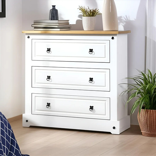 [2818-0] Cómoda Serpil Blanca 3 Cajones Pino Mdf Dormitorio 48.5cm Desmontable Blanco