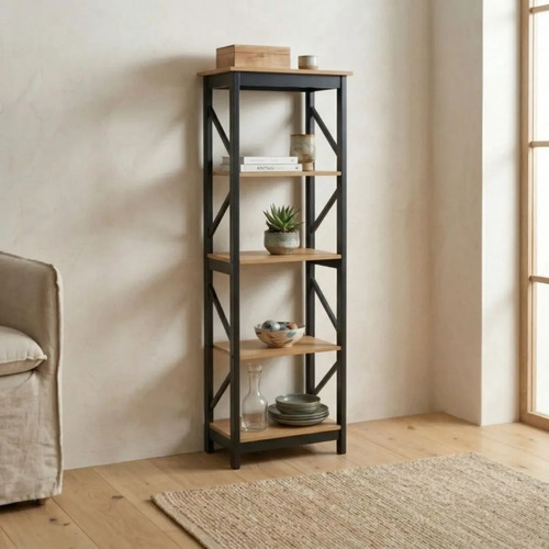 [03103000] Estanteria Biblioteca Divino 5 Niveles Madera Y Metal Negra Beige