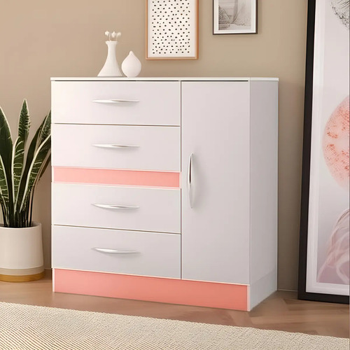 Comoda 4 Cajones 1 Puerta Y Espacio Colores Flex Sensacion Color Rosa