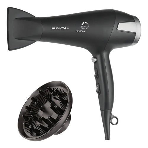 Secador De Pelo Punktal Pk-2500 Ion Con Difusor 2500w 3 Niveles De Calor 2 Velocidades Cable De 1,70 Mts Negro
