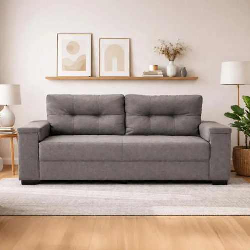 [03080240] Sofá Amsterdam 3 Cuerpos Tapizado En Lino Gris | Sillón Moderno Y Confortable Para Living Liso