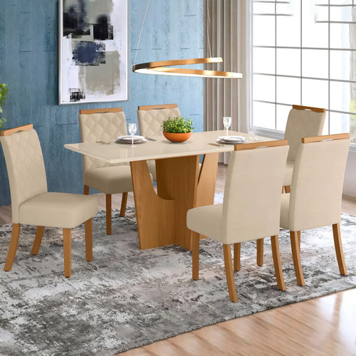 Juego De Comedor Natural/beige Mdf Y Vidrio Madrid Natural/beige