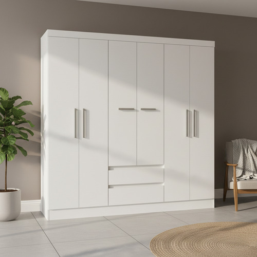 Ropero Placard Dormitorio 6 Puertas 2 Estantes Sensacion (Blanco, Marrón Malbec)