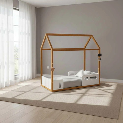 Mini Cama Casita Flow/tut Blanco/madera Blanco Flow/tut