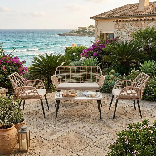 Set De Living Terraza Exterior Divino (1+2+1) Beige Maderos Beige