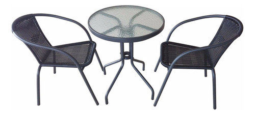 [03112330 + 2X 03110551] Juego Jardín Mesa Y Sillas Rattan Hierro Vidrio Sensacion Negro
