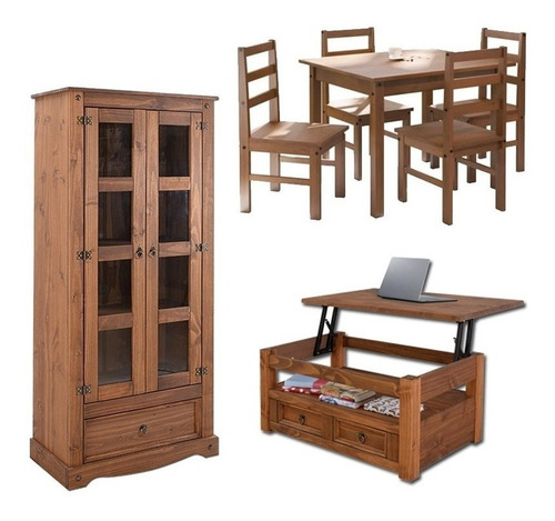 [52083947640] Cristalero + Juego De Comedor 4s+ Mesa Ratona - Living Nogal